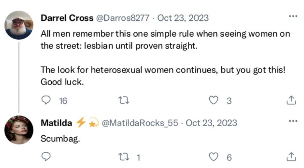 document - Darrel Cross All men remember this one simple rule when seeing women on the street lesbian until proven straight. The look for heterosexual women continues, but you got this! Good luck. 16 Matilda Scumbag. 22 22 1 6 ... www