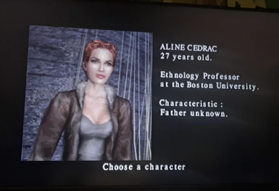 media - Aline Cedrac 27 years old. Ethnology Professor at the Boston University. Characteristic Father unknown. Choose a character