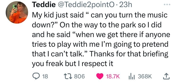 point - Teddie 23h My kid just said " can you turn the music down?" On the way to the park so I did and he said "when we get there if anyone tries to play with me I'm going to pretend that I can't talk." Thanks for that briefing you freak but I respect it