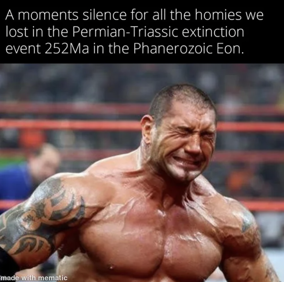 bodybuilder - A moments silence for all the homies we lost in the PermianTriassic extinction event 252Ma in the Phanerozoic Eon. made with mematic