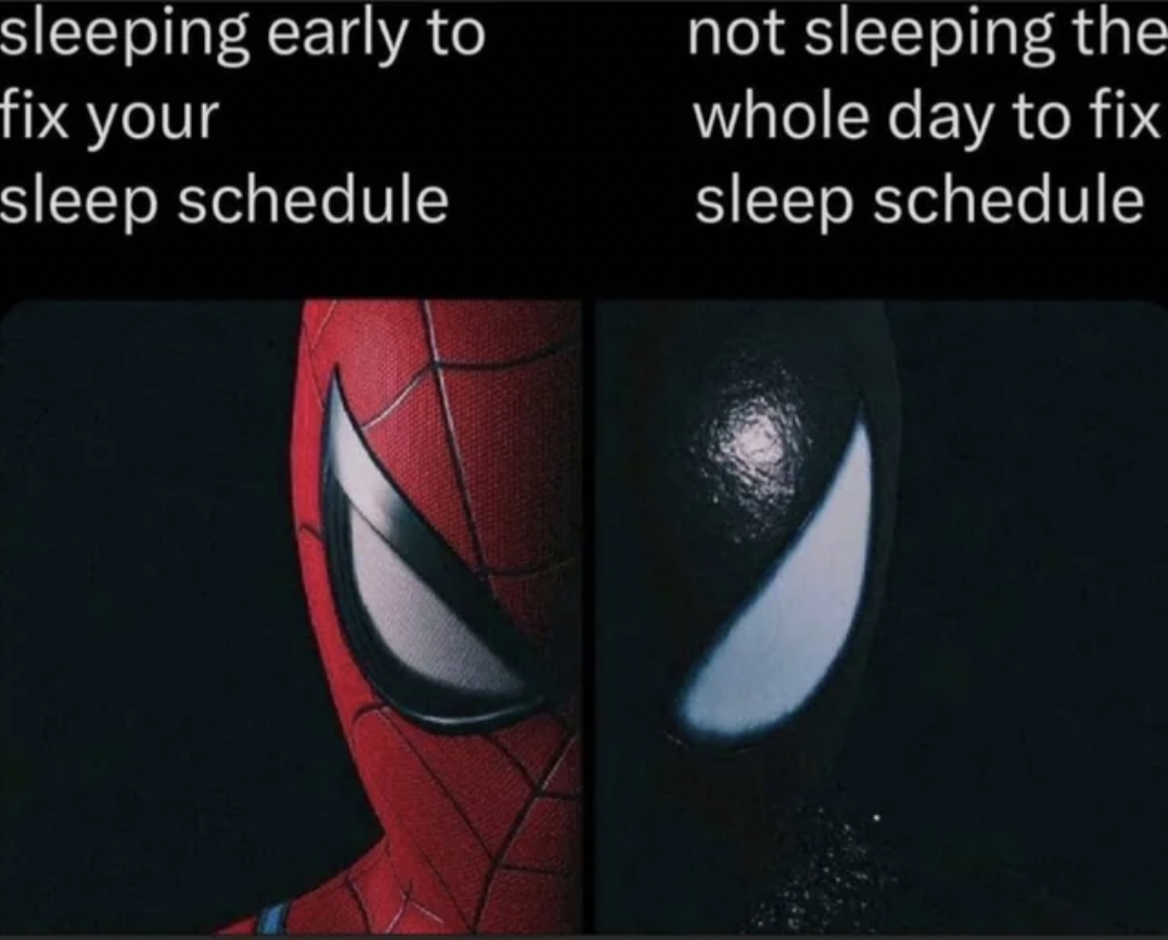 fix sleep schedule meme - sleeping early to fix your sleep schedule not sleeping the whole day to fix sleep schedule