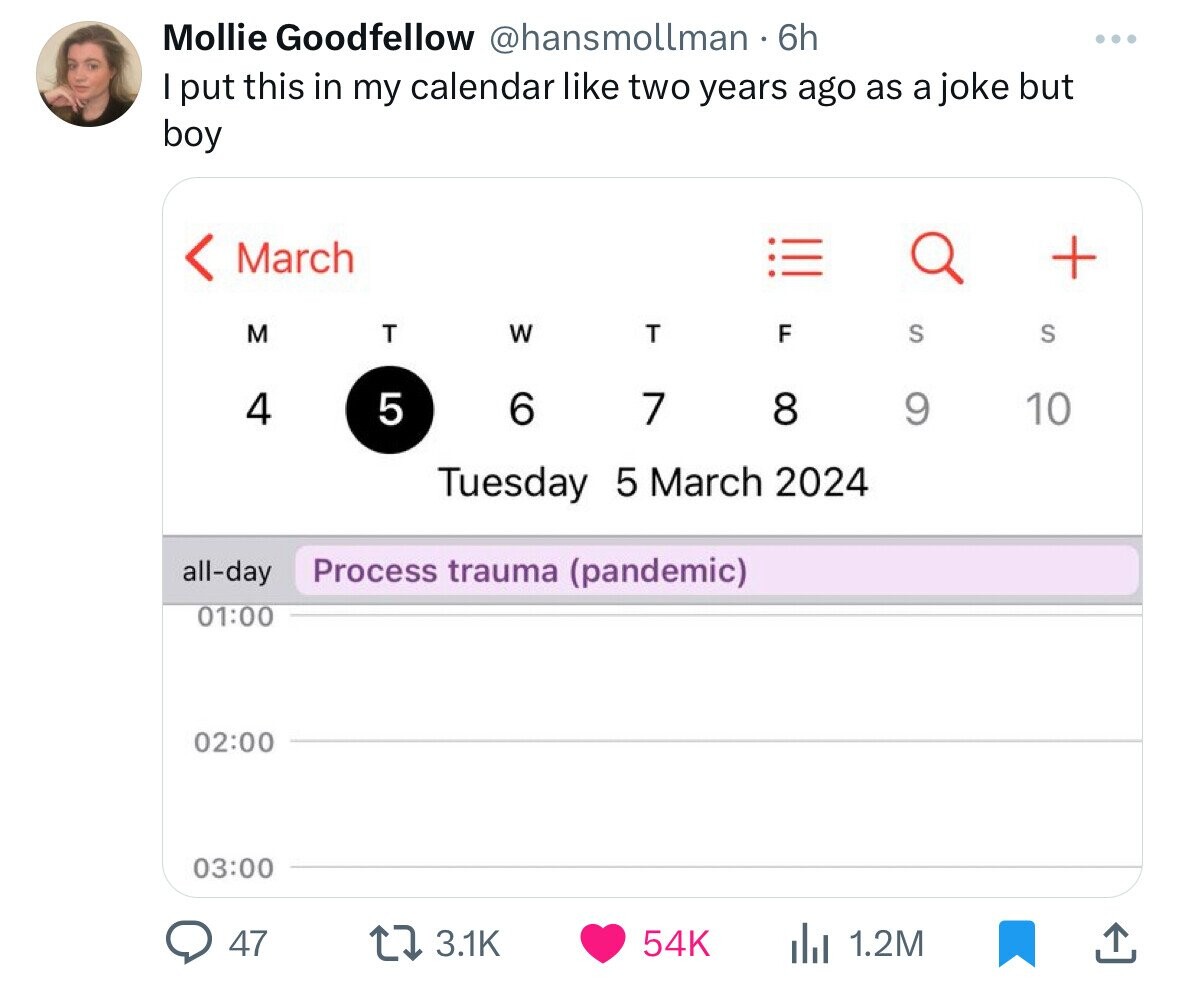 number - Mollie Goodfellow . 6h I put this in my calendar two years ago as a joke but boy March M 4 T 47 Lo 5 allday Process trauma pandemic W T 6 7 8 Tuesday F S ili 1.2M S 10