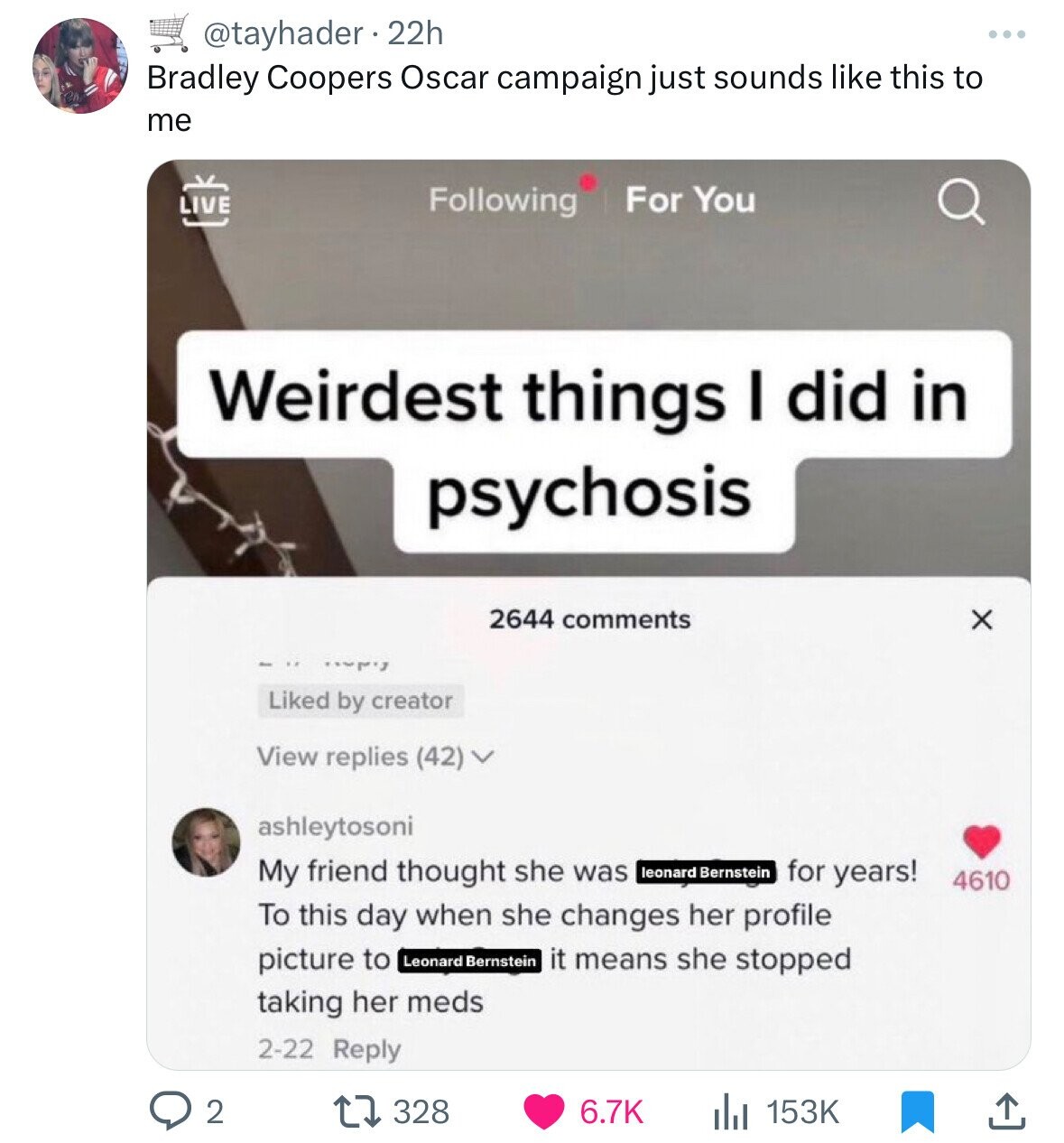 my friend thought she was lady gaga her profile picture to lady gaga it means she stopped taking her meds - 22h Bradley Coopers Oscar campaign just sounds this to me Live Weirdest things I did in psychosis 92 ing For You 777 d by creator View replies 42 2