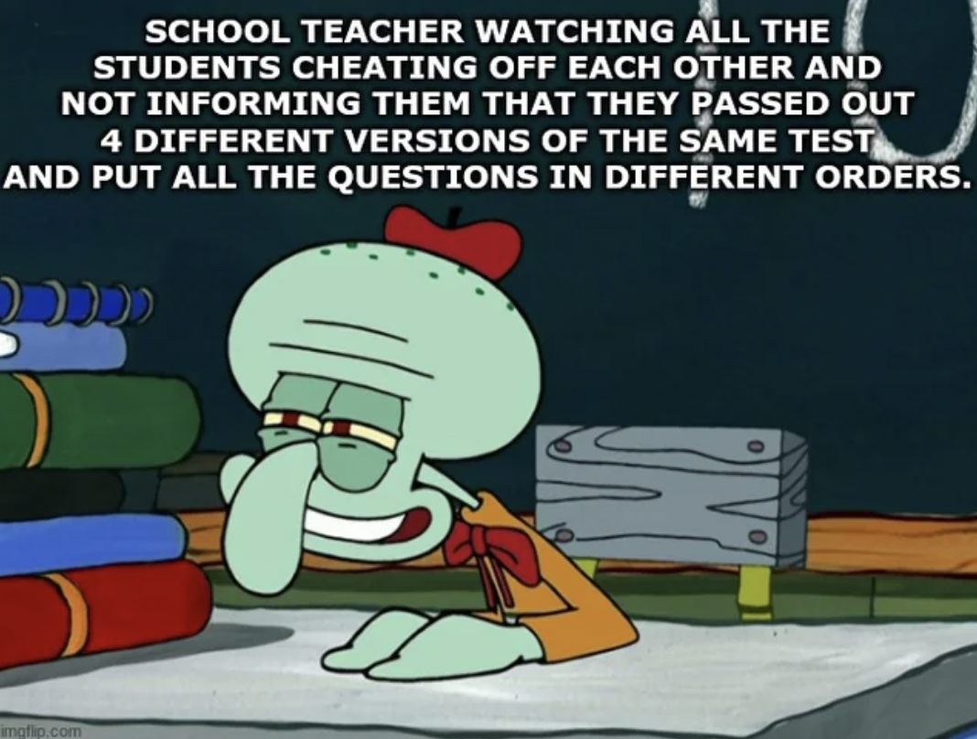 cartoon - School Teacher Watching All The Students Cheating Off Each Other And Not Informing Them That They Passed Out 4 Different Versions Of The Same Test And Put All The Questions In Different Orders. mgfip.com Ukc