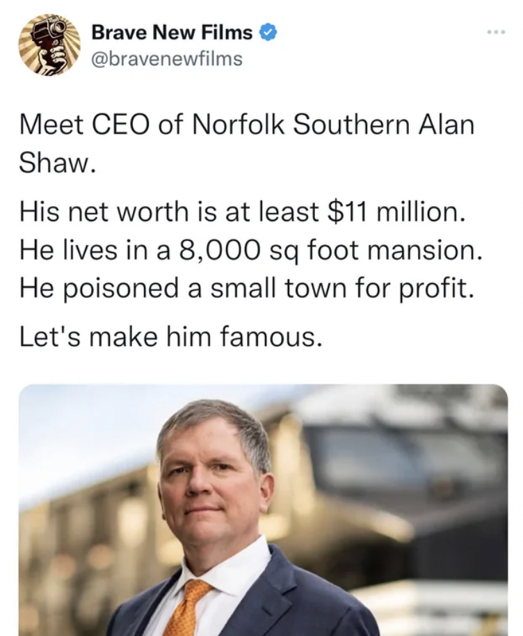 ceo of ohio norfolk southern - Brave New Films Meet Ceo of Norfolk Southern Alan Shaw. His net worth is at least $11 million. He lives in a 8,000 sq foot mansion. He poisoned a small town for profit. Let's make him famous.