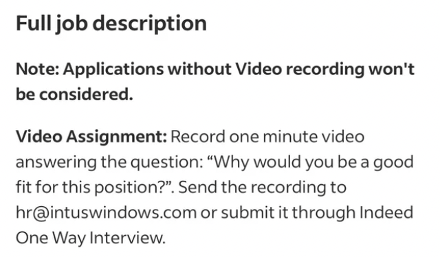 paper - Full job description Note Applications without Video recording won't be considered. Video Assignment Record one minute video answering the question "Why would you be a good fit for this position?". Send the recording to hr.com or submit it through