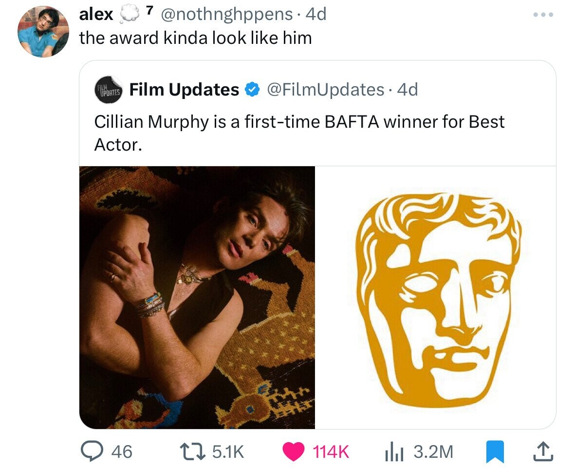 bafta 2023 logo - alex7 4d the award kinda look him Updates Film Updates . 4d Cillian Murphy is a firsttime Bafta winner for Best Actor. 46 . il1 3.2M