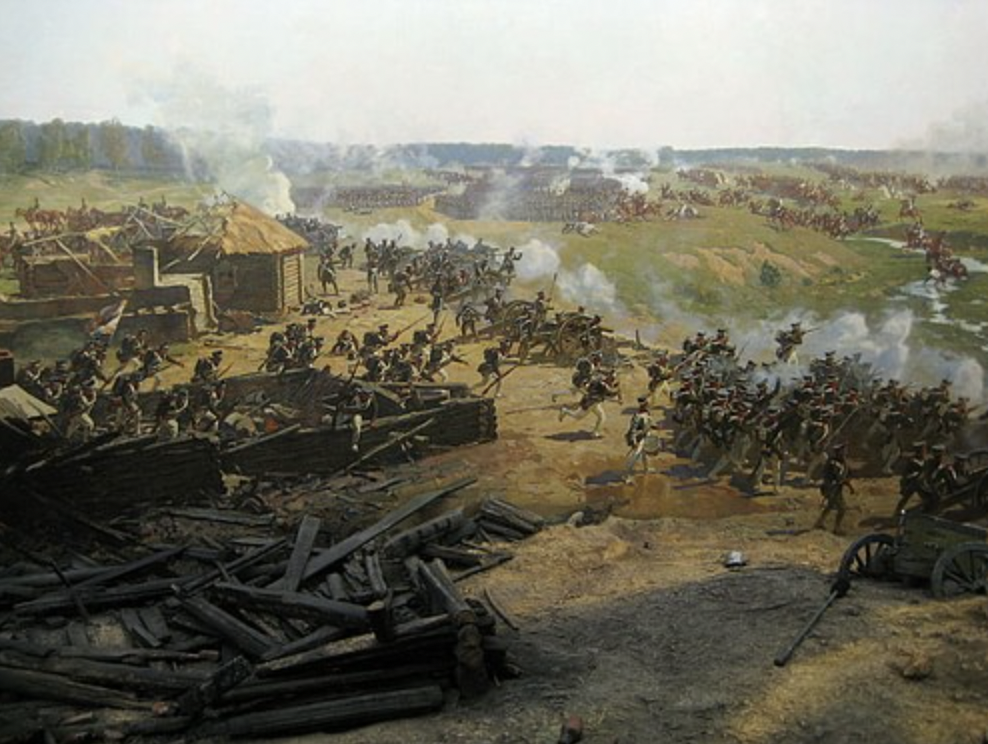 The Battle of Borodino during Napoleon's Russian Campaign. An 8 hour battle that caused 65,000 casualties. The majority would have been caused by artillery fire - 12 pound and up balls of cast iron ploughing through tightly packed files of men at groin height. 