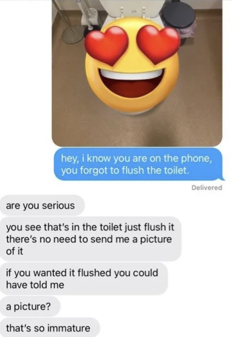 smile - hey, i know you are on the phone, you forgot to flush the toilet. are you serious you see that's in the toilet just flush it there's no need to send me a picture of it if you wanted it flushed you could have told me a picture? that's so immature D