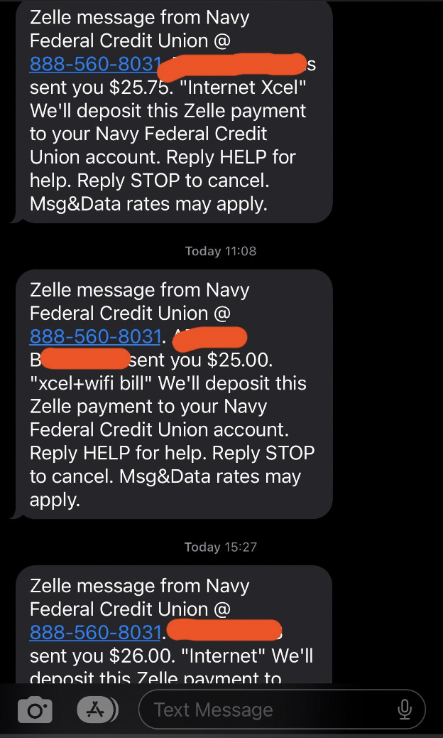 screenshot - Zelle message from Navy Federal Credit Union @ 8885608031 sent you $25.75. "Internet Xcel" We'll deposit this Zelle payment to your Navy Federal Credit Union account. Help for help. Stop to cancel. Msg&Data rates may apply. Today Zelle messag