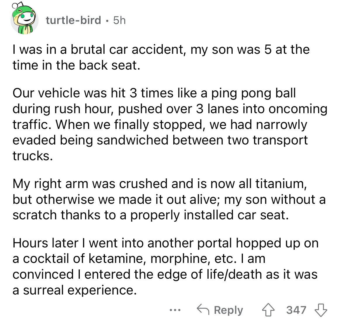 angle - turtlebird 5h I was in a brutal car accident, my son was 5 at the time in the back seat. Our vehicle was hit 3 times a ping pong ball during rush hour, pushed over 3 lanes into oncoming traffic. When we finally stopped, we had narrowly evaded bein
