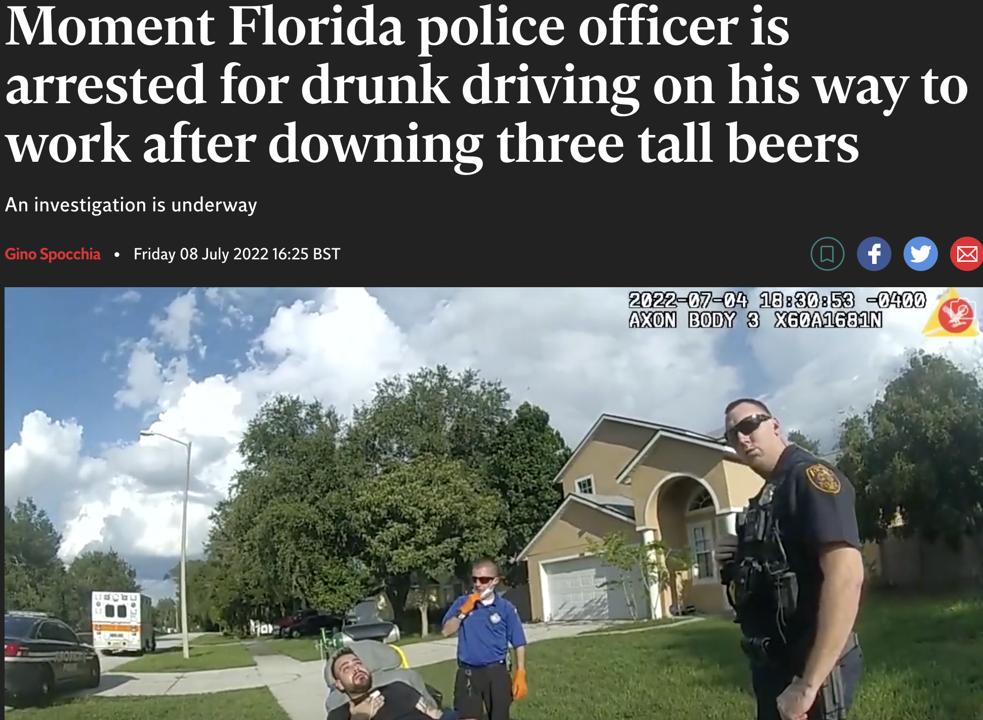 grass - Moment Florida police officer is arrested for drunk driving on his way to work after downing three tall beers An investigation is underway Gino Spocchia Friday Bst Of 53 0400 Axon Body 3 X60A1681N