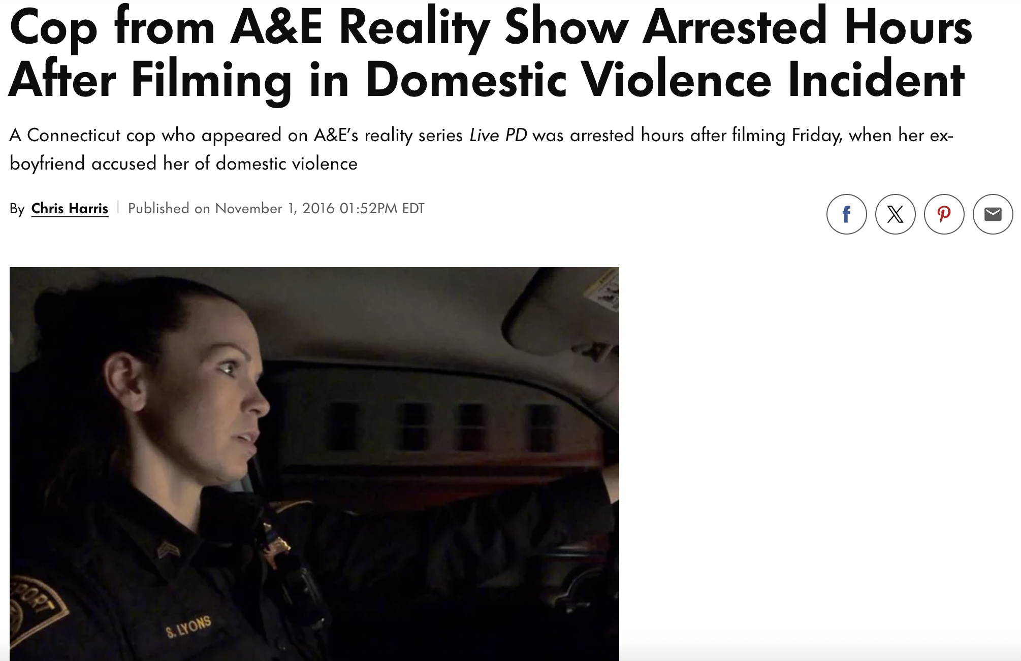 media - Cop from A&E Reality Show Arrested Hours After Filming in Domestic Violence Incident A Connecticut cop who appeared on A&E's reality series Live Pd was arrested hours after filming Friday, when her ex boyfriend accused her of domestic violence By 