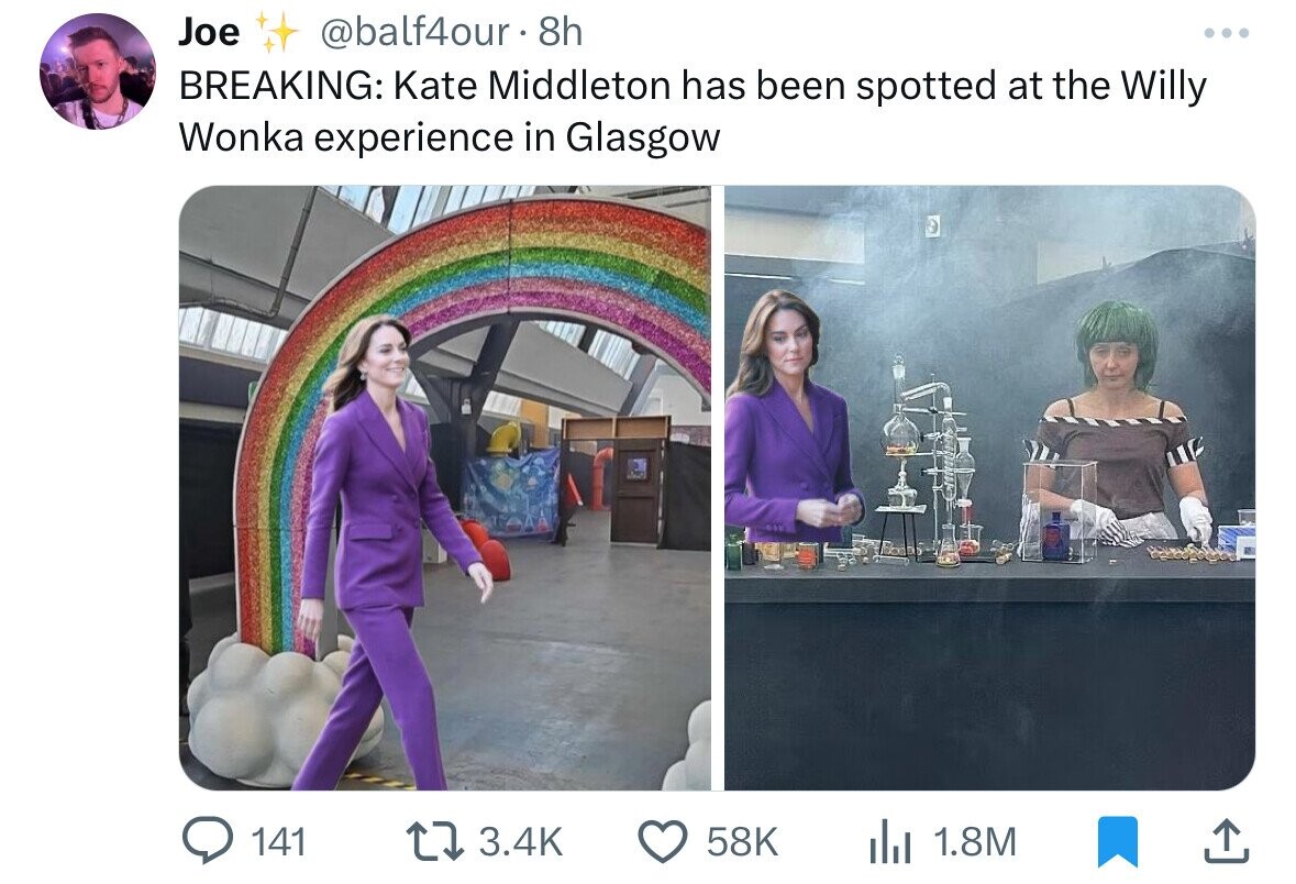 presentation - Joe . 8h Breaking Kate Middleton has been spotted at the Willy Wonka experience in Glasgow 141 58K 5 l 1.8M ... Lig ,