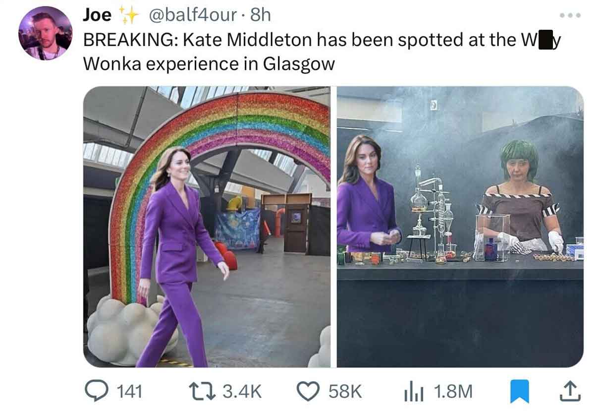 media - Joe . 8h Breaking Kate Middleton has been spotted at the W y Wonka experience in Glasgow 141 58K 45 1.8M