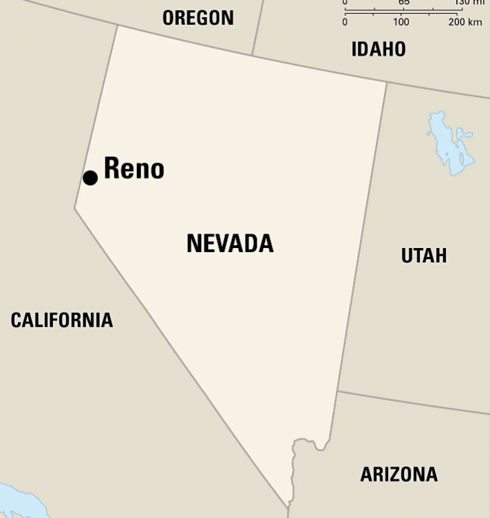 map - Oregon Reno California Nevada 100 Idaho Utah Arizona 200 km