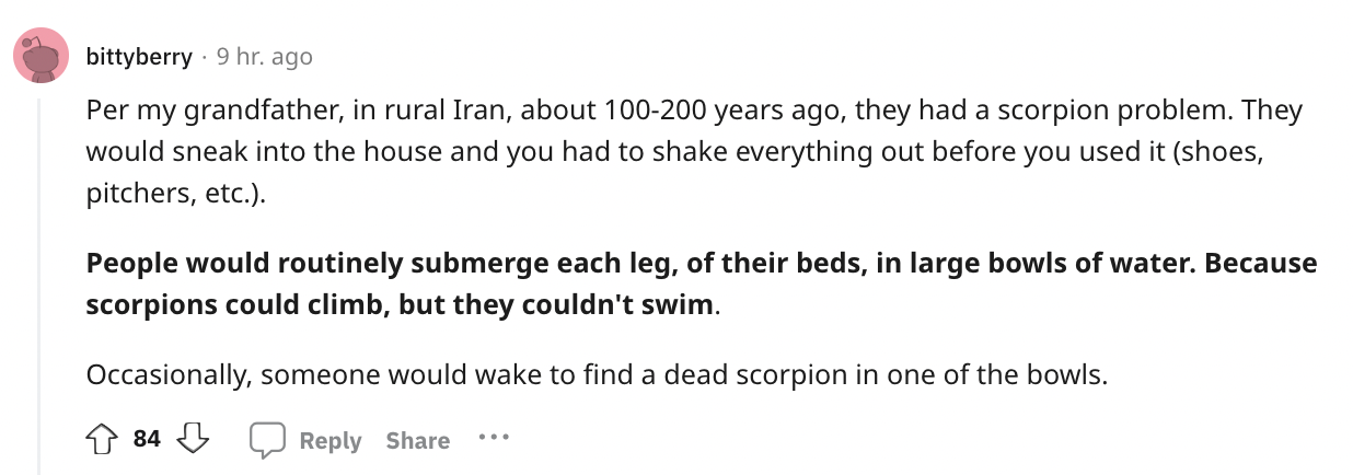 angle - bittyberry 9 hr. ago Per my grandfather, in rural Iran, about 100200 years ago, they had a scorpion problem. They would sneak into the house and you had to shake everything out before you used it shoes, pitchers, etc.. People would routinely subme