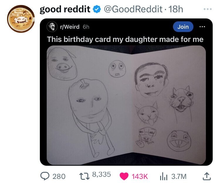 cartoon - good reddit Reddit 18h rWeird 6h Join This birthday card my daughter made for me 280 t 8,335 d 3.7M