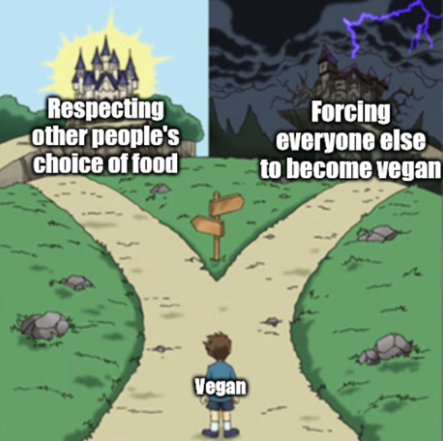 cartoon - Respecting other people's choice of food Vegan Forcing everyone else to become vegan