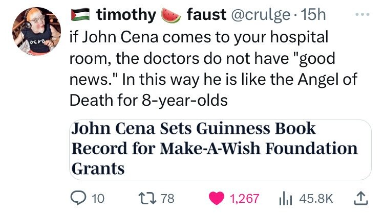 angle - Devo timothy faust .15h if John Cena comes to your hospital room, the doctors do not have "good news." In this way he is the Angel of Death for 8yearolds John Cena Sets Guinness Book Record for MakeAWish Foundation Grants 10 178 1,267