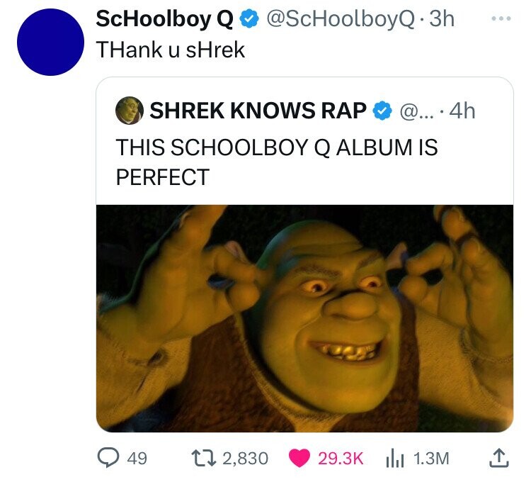 head - ScHoolboy Q 3h THank u shrek Shrek Knows Rap @....4h This Schoolboy Q Album Is Perfect 49 t 2,830 1.3M ...