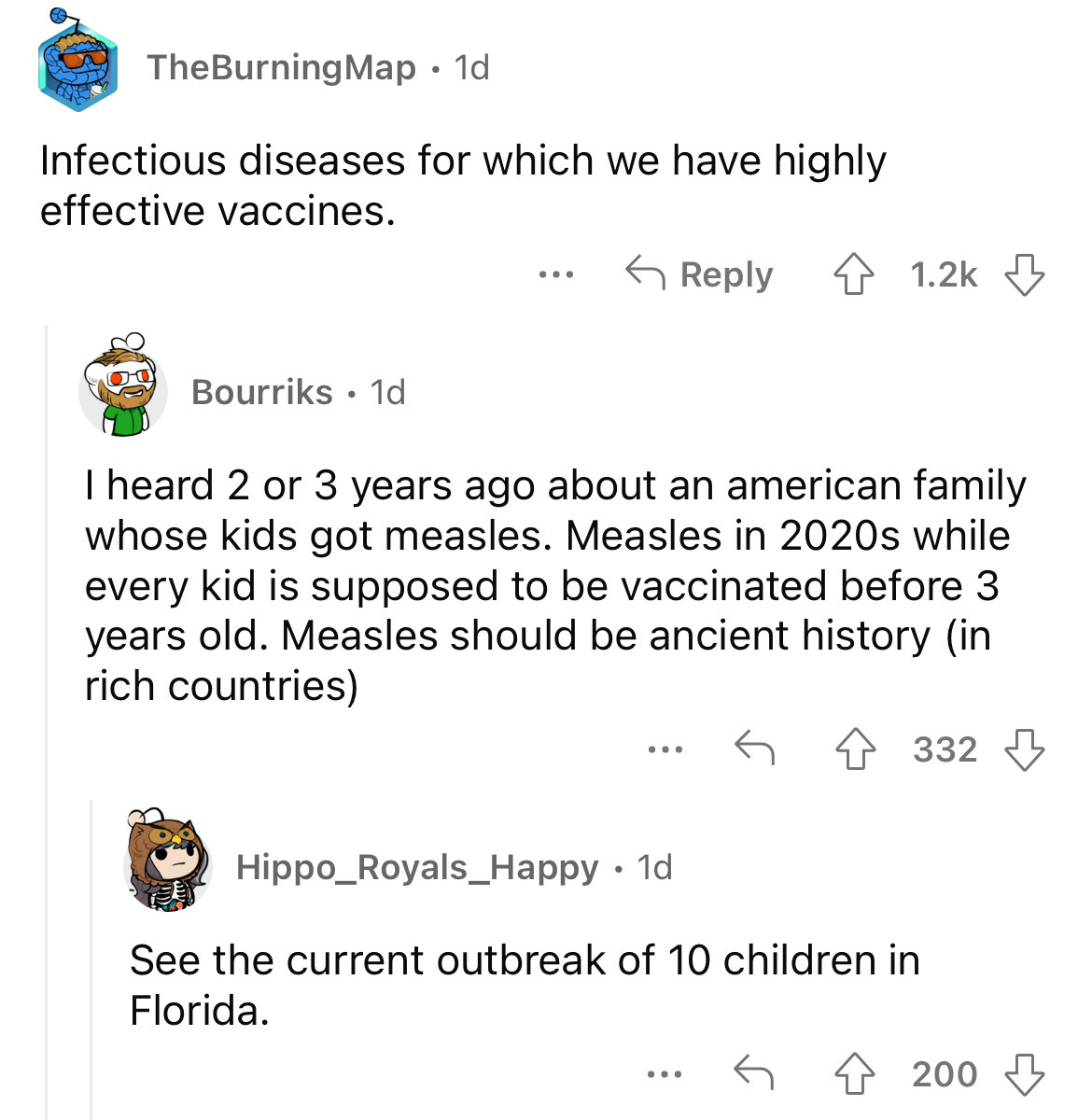 angle - TheBurning Map . 1d Infectious diseases for which we have highly effective vaccines. Bourriks 1d ... I heard 2 or 3 years ago about an american family whose kids got measles. Measles in 2020s while every kid is supposed to be vaccinated before 3 y