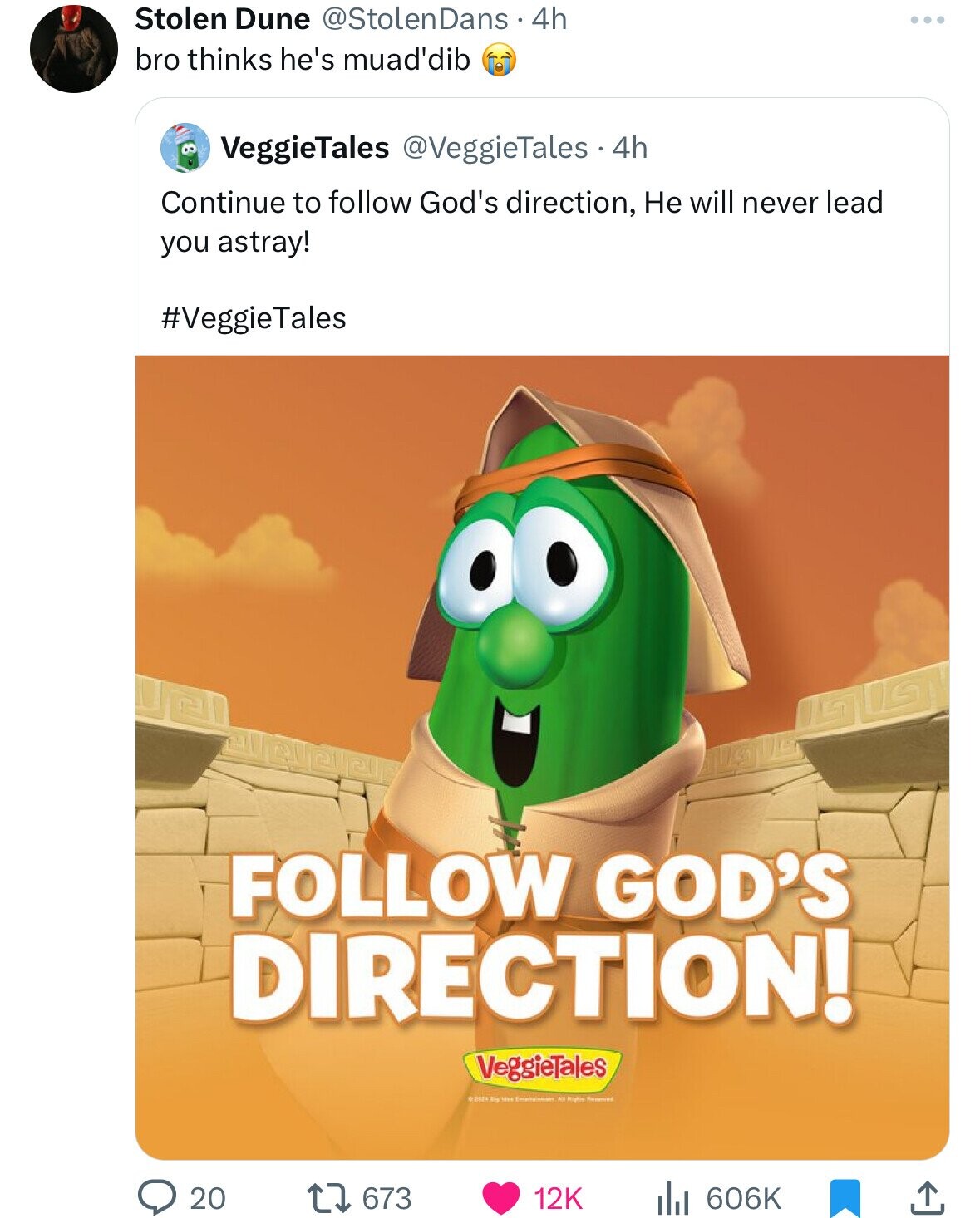 cartoon - Stolen Dune Dans . 4h bro thinks he's muad'dib VeggieTales 4h Continue to God's direction, He will never lead you astray! Tales Alavaleir 20 God'S Direction! VeggieTales 1673 2023 Big Live Entertainmers. All Rights Reserved 12K il ... .