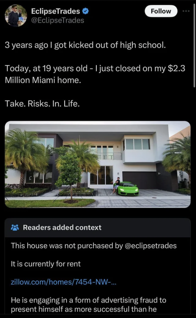 screenshot - EclipseTrades 3 years ago I got kicked out of high school. Today, at 19 years old I just closed on my $2.3 Million Miami home. Take. Risks. In. Life. Readers added context This house was not purchased by It is currently for rent zillow.comhom