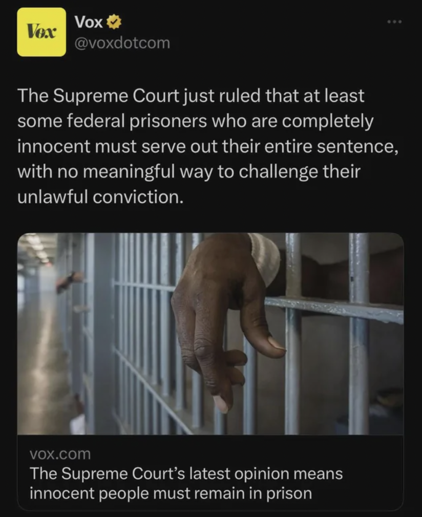 muscle - Vox Vox The Supreme Court just ruled that at least some federal prisoners who are completely innocent must serve out their entire sentence, with no meaningful way to challenge their unlawful conviction. vox.com The Supreme Court's latest opinion 