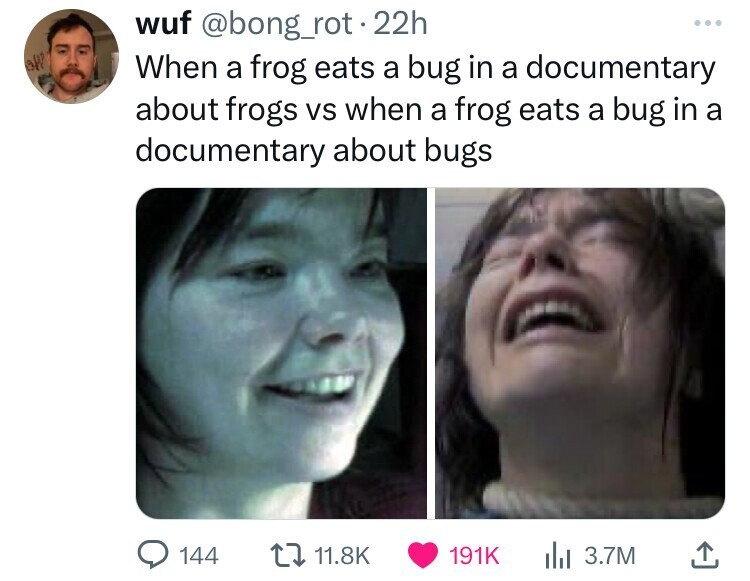 head - all wuf . 22h When a frog eats a bug in a documentary about frogs vs when a frog eats a bug in a documentary about bugs 144 ll 3.7M