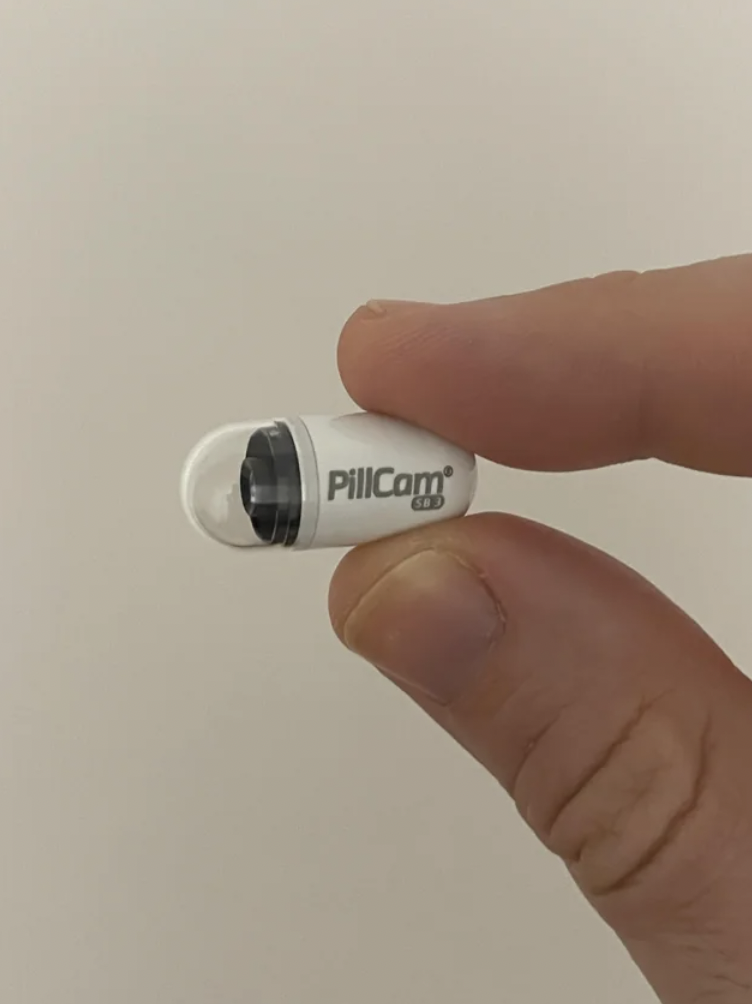 “I ate this camera-pill yesterday since the doctors wanted to see my whole digestive system from inside. It takes 2 photos per second and even has LEDs incorporated.”
