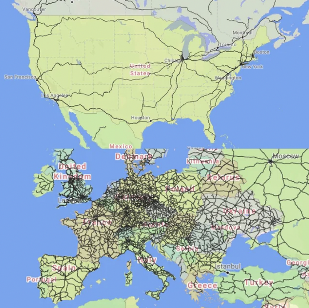 Passenger trains in the United States vs Europe.