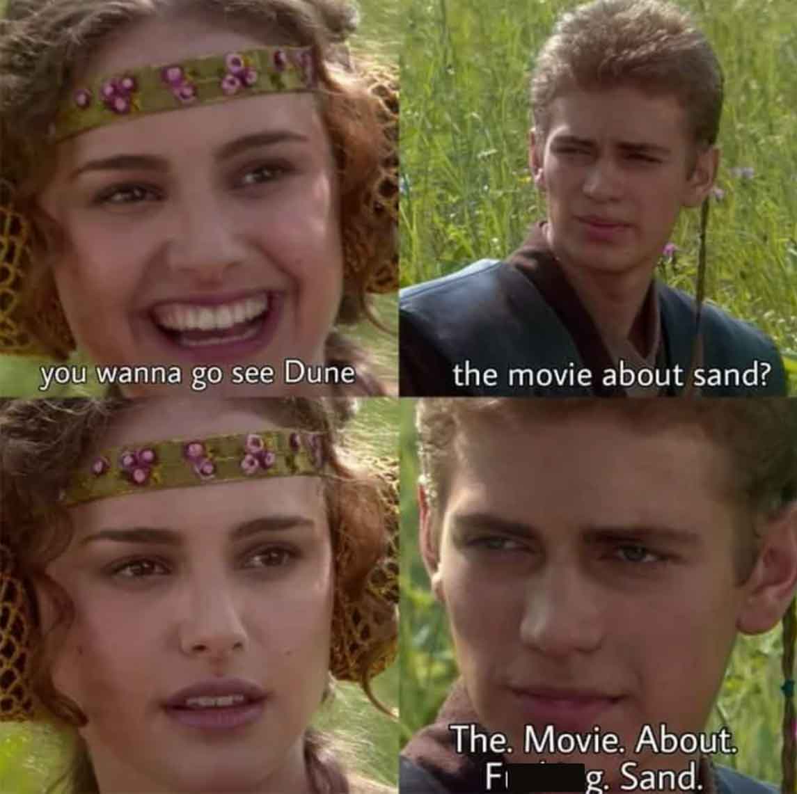 don t like sand meme - you wanna go see Dune the movie about sand? The, Movie, About. F g. Sand.