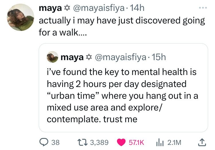 angle - maya 14h actually i may have just discovered going for a walk.... maya 15h i've found the key to mental health is having 2 hours per day designated "urban time" where you hang out in a mixed use area and explore contemplate. trust me 38 13,389 l 2