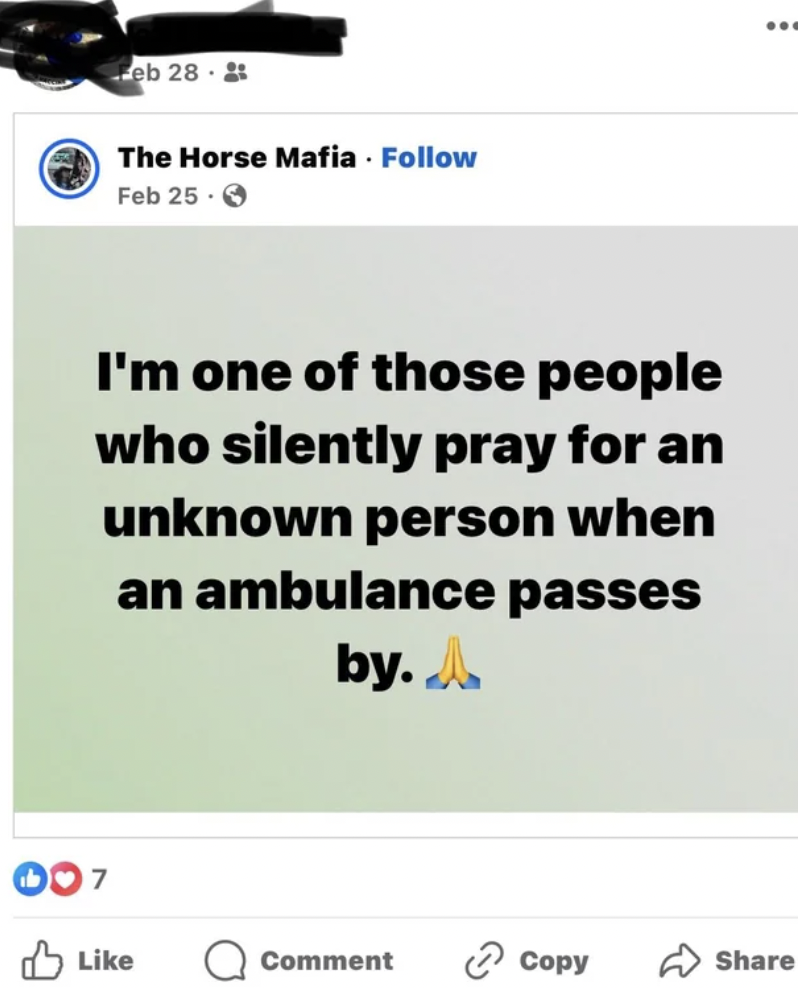 software - eb 28 The Horse Mafia. Feb 25 I'm one of those people who silently pray for an unknown person when an ambulance passes by. A Comment Copy