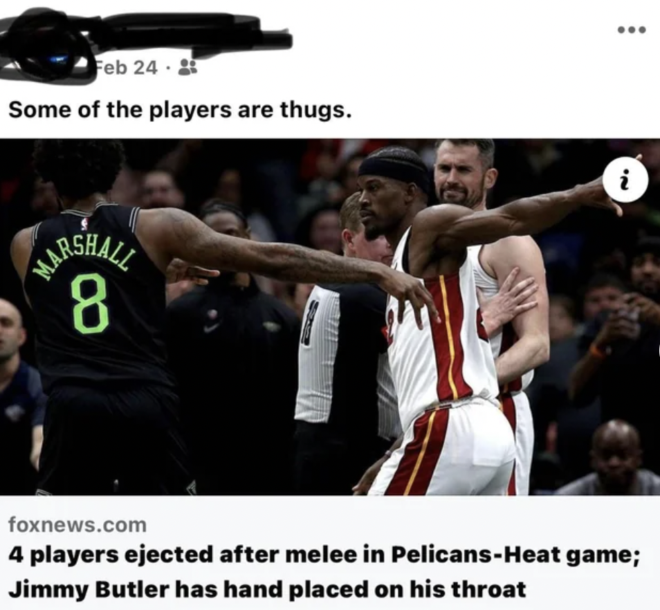 photo caption - Feb 24 2 Some of the players are thugs. Harshall 8 'N i foxnews.com 4 players ejected after melee in PelicansHeat game; Jimmy Butler has hand placed on his throat
