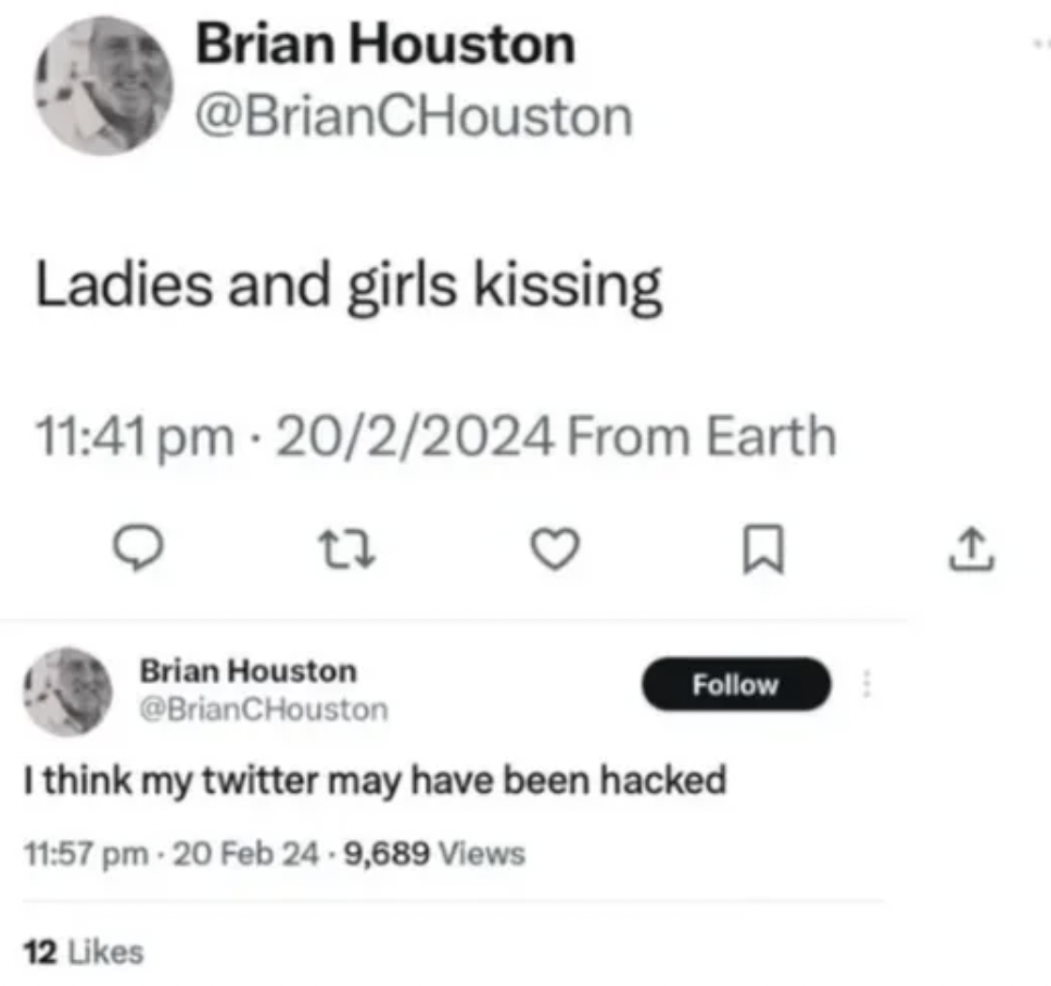diagram - Brian Houston Ladies and girls kissing 2022024 From Earth 27 Brian Houston I think my twitter may have been hacked 20 Feb 24.9,689 Views 12
