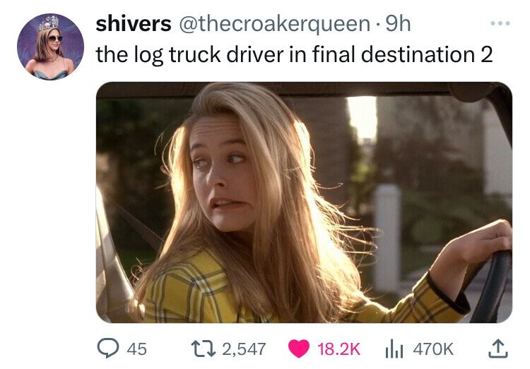 photo caption - shivers . 9h the log truck driver in final destination 2 45 12,547