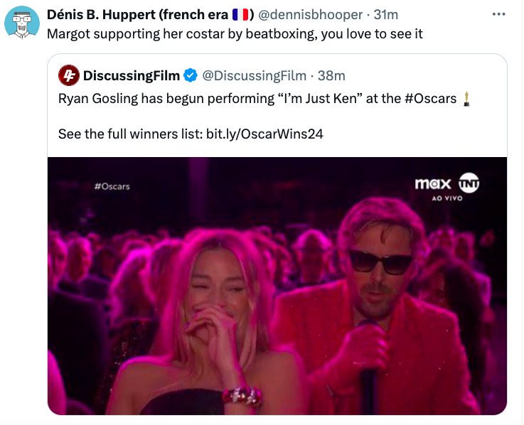 video - Dnis B. Huppert french era 1 31m Margot supporting her costar by beatboxing, you love to see it 4 DiscussingFilm 38m Ryan Gosling has begun performing "I'm Just Ken" at the See the full winners list bit.lyOscarWins24 max Tnt Ao Vivo