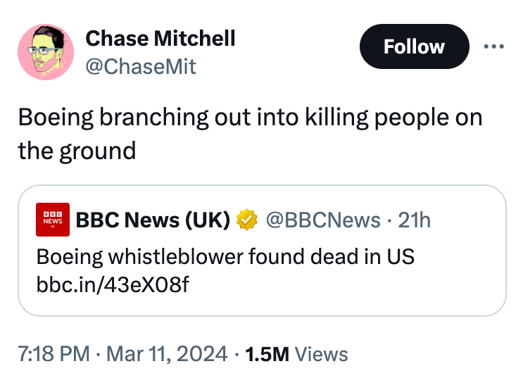 angle - Chase Mitchell Boeing branching out into killing people on the ground News Bbc News Uk 21h Boeing whistleblower found dead in Us bbc.in43eX08f 1.5M Views