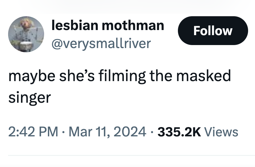 material - lesbian mothman maybe she's filming the masked singer Views