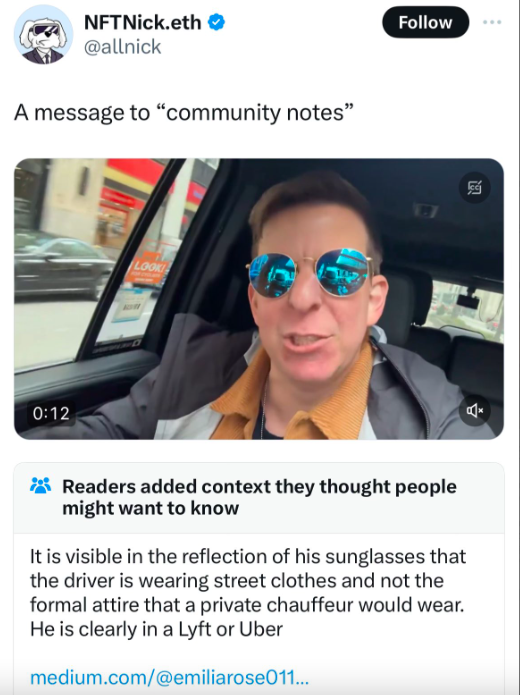 glasses - NFTNick.eth A message to "community notes" Looki Readers added context they thought people might want to know It is visible in the reflection of his sunglasses that the driver is wearing street clothes and not the formal attire that a private ch
