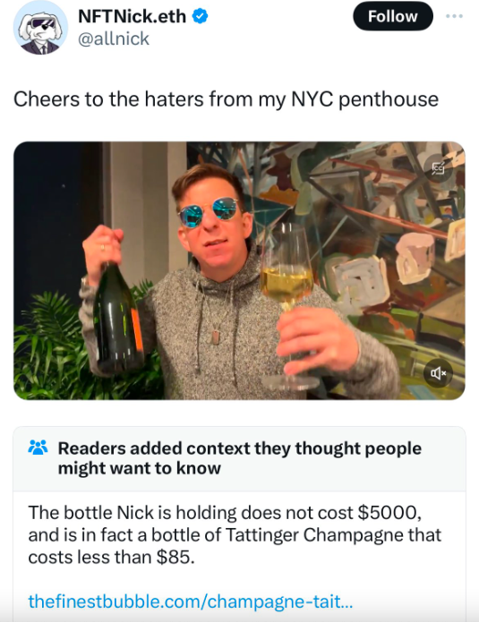 machine duplicates action - NFTNick.eth Cheers to the haters from my Nyc penthouse Readers added context they thought people might want to know The bottle Nick is holding does not cost $5000, and is in fact a bottle of Tattinger Champagne that costs less 