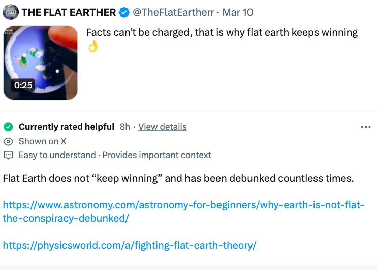 online advertising - The Flat Earther Mar 10 Facts can't be charged, that is why flat earth keeps winning Currently rated helpful 8h View details Shown on X Easy to understand. Provides important context Flat Earth does not "keep winning" and has been deb