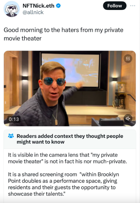 glasses - NFTNick.eth Good morning to the haters from my private movie theater Readers added context they thought people might want to know It is visible in the camera lens that "my private movie theater" is not in fact his nor muchprivate. It is a d scre
