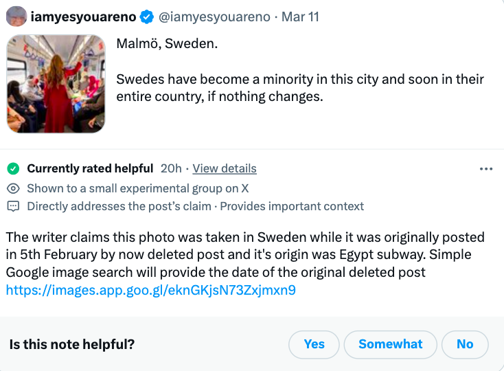media - iamyesyouareno Mar 11 Malm, Sweden. Swedes have become a minority in this city and soon in their entire country, if nothing changes. Currently rated helpful 20h View details Shown to a small experimental group on X Directly addresses the post's cl