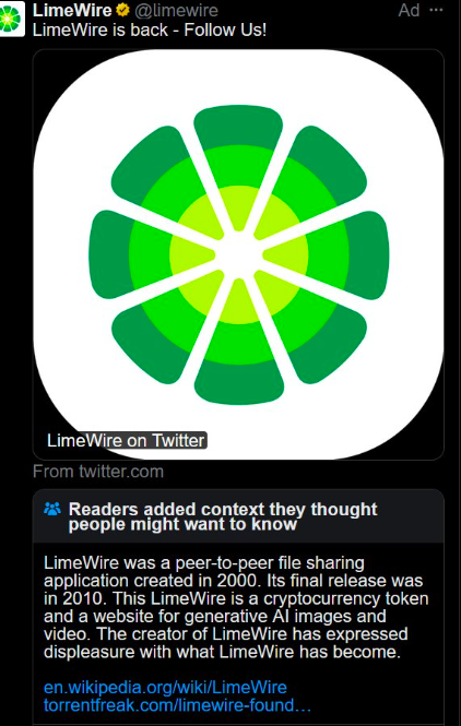 LimeWire LimeWire is back Us! Ad.. LimeWire on Twitter From twitter.com Readers added context they thought people might want to know LimeWire was a peertopeer file sharing application created in 2000. Its final release was in 2010. This LimeWire is a…
