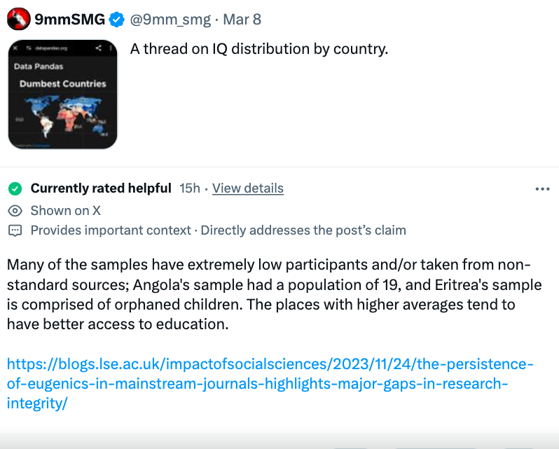 9mmSMG Mar 8 A thread on Iq distribution by country. Data Pandas Dumbest Countries Currently rated helpful 15h View details Shown on X Provides important context. Directly addresses the post's claim Many of the samples have extremely low participants ando
