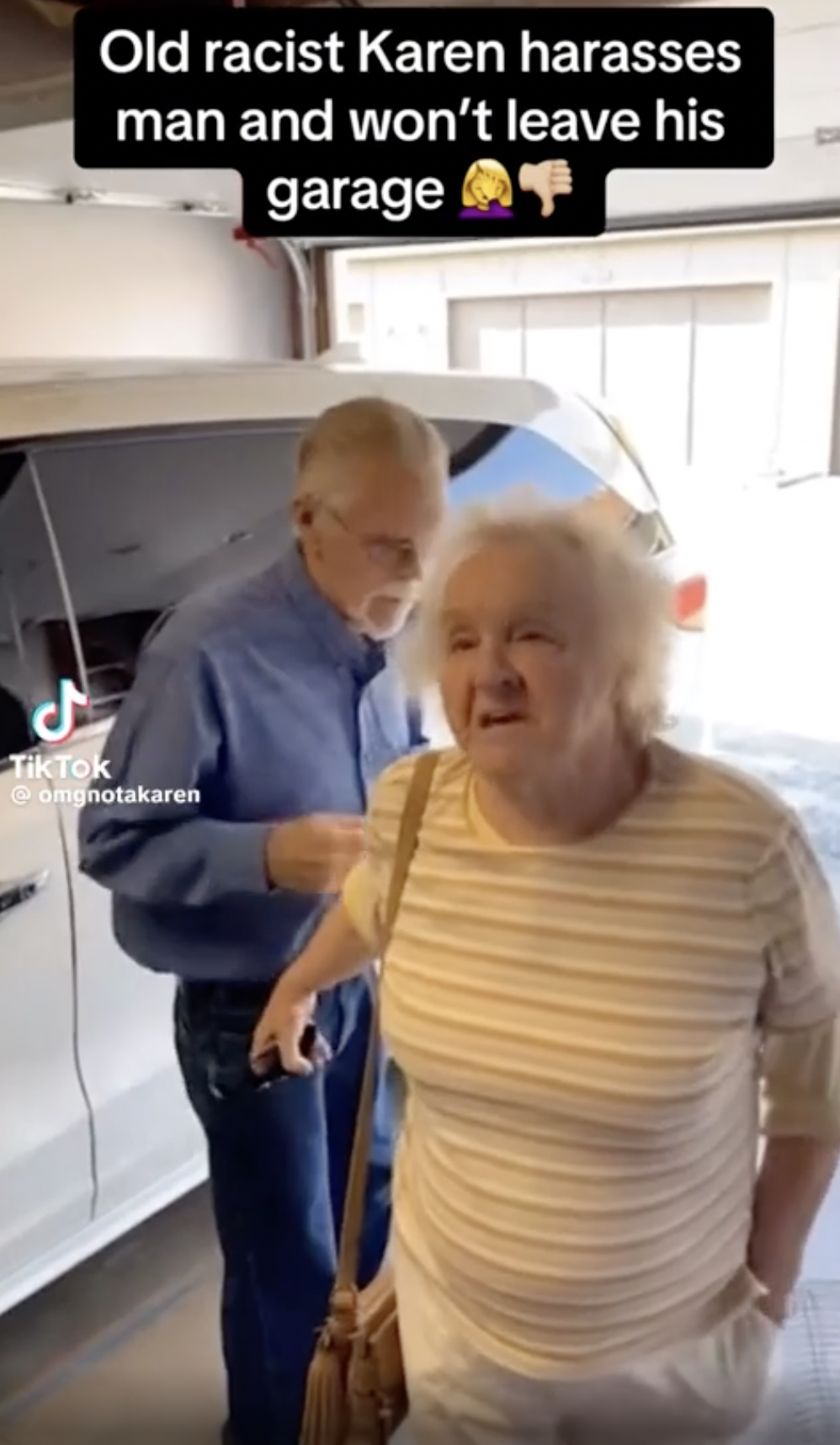 day - Old racist Karen harasses man and won't leave his garage TikTok omgnotakaren