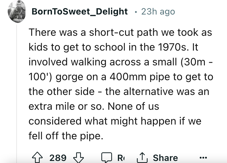 document - BornToSweet_Delight 23h ago There was a shortcut path we took as kids to get to school in the 1970s. It involved walking across a small 30m 100' gorge on a 400mm pipe to get to the other side the alternative was an extra mile or so. None of us 